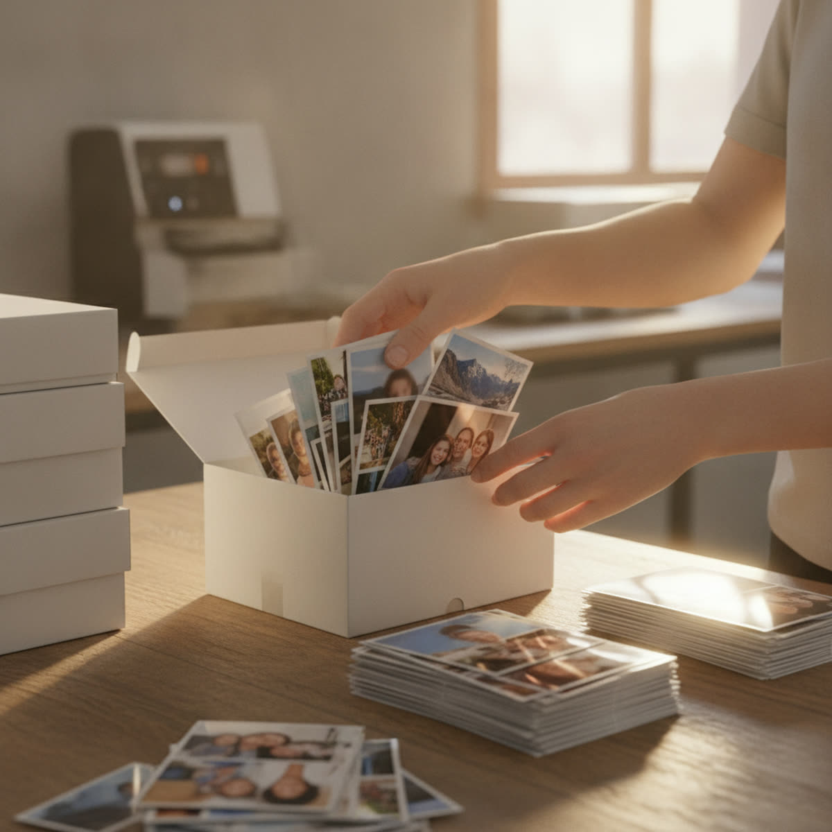 Hands packing a bulk order of 4R photo prints into a white box