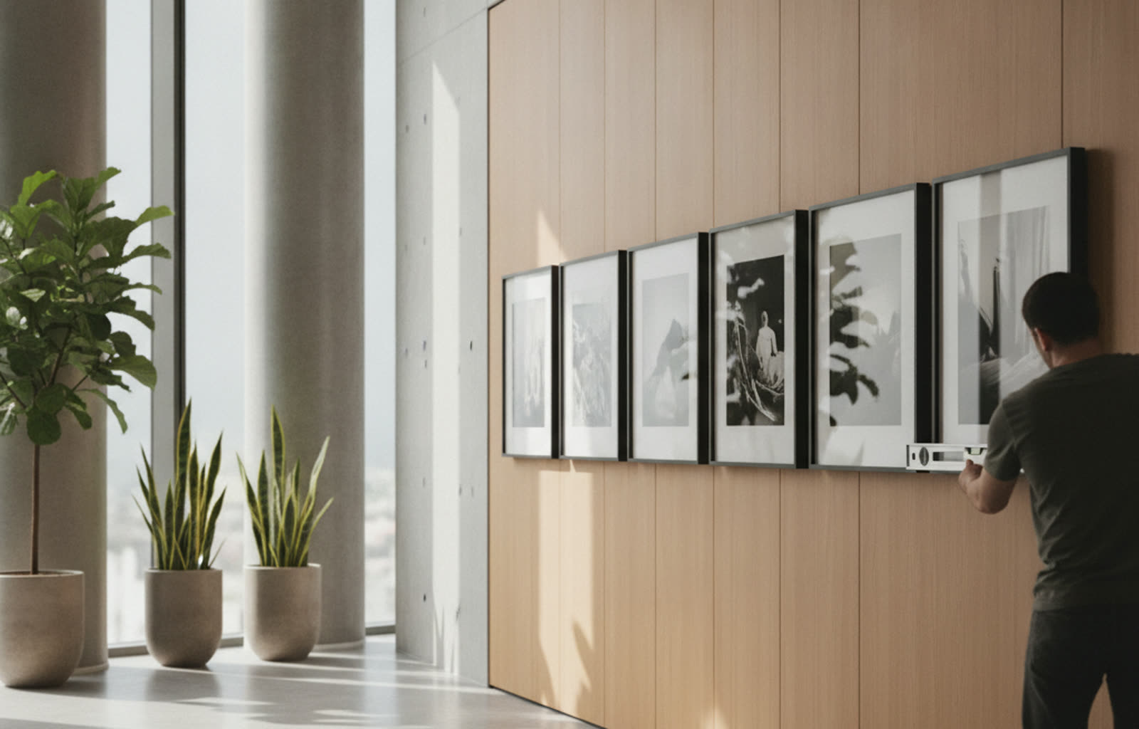 A row of framed photographic prints being levelled on a Singapore office reception wall