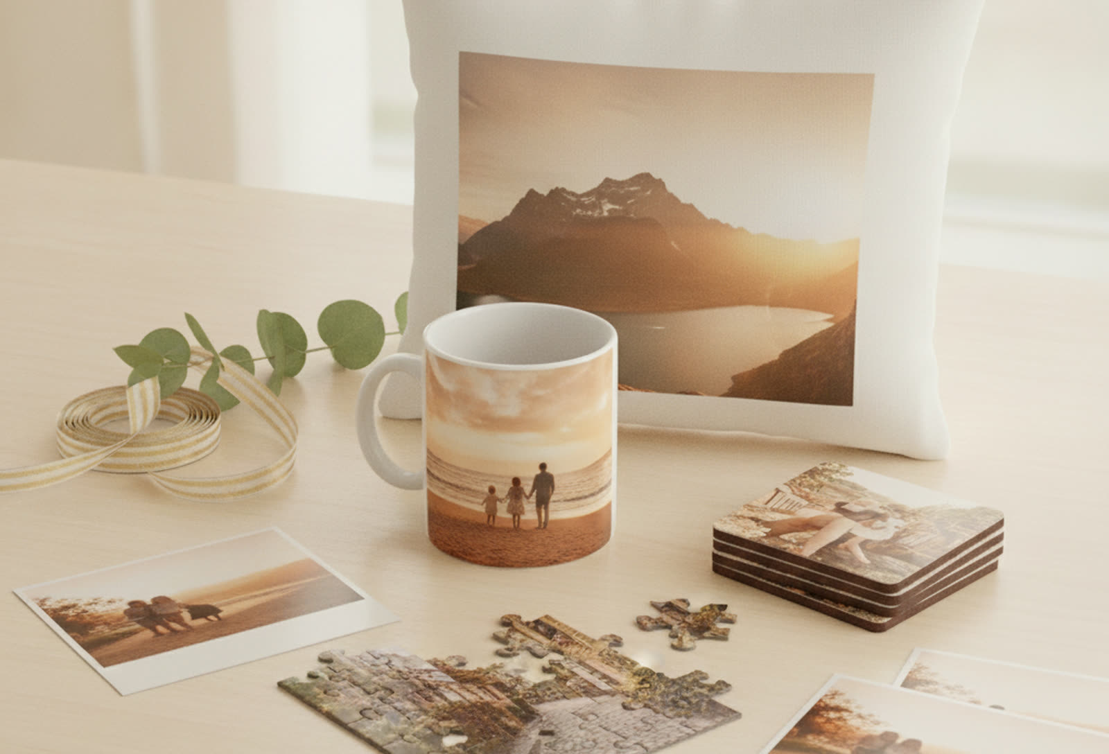 Photo mug, cushion, jigsaw puzzle and coasters printed with family photos