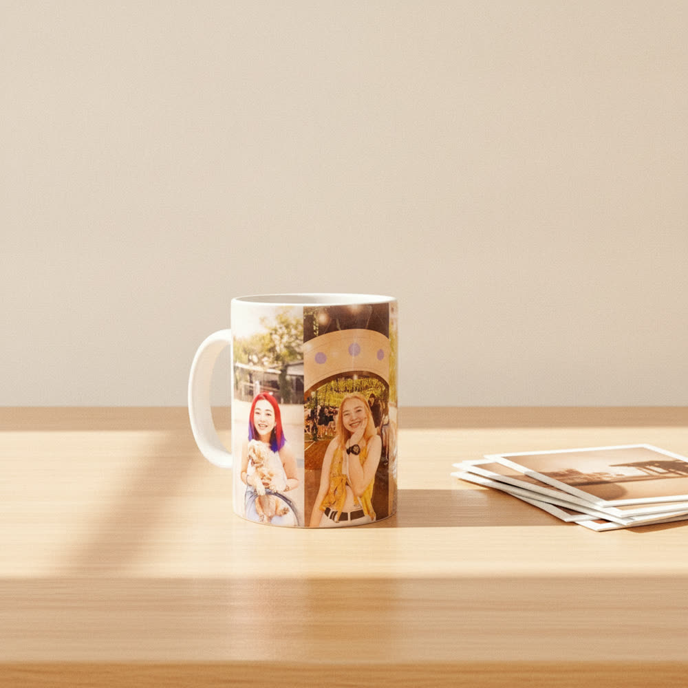 White photo mug printed with a customer collage