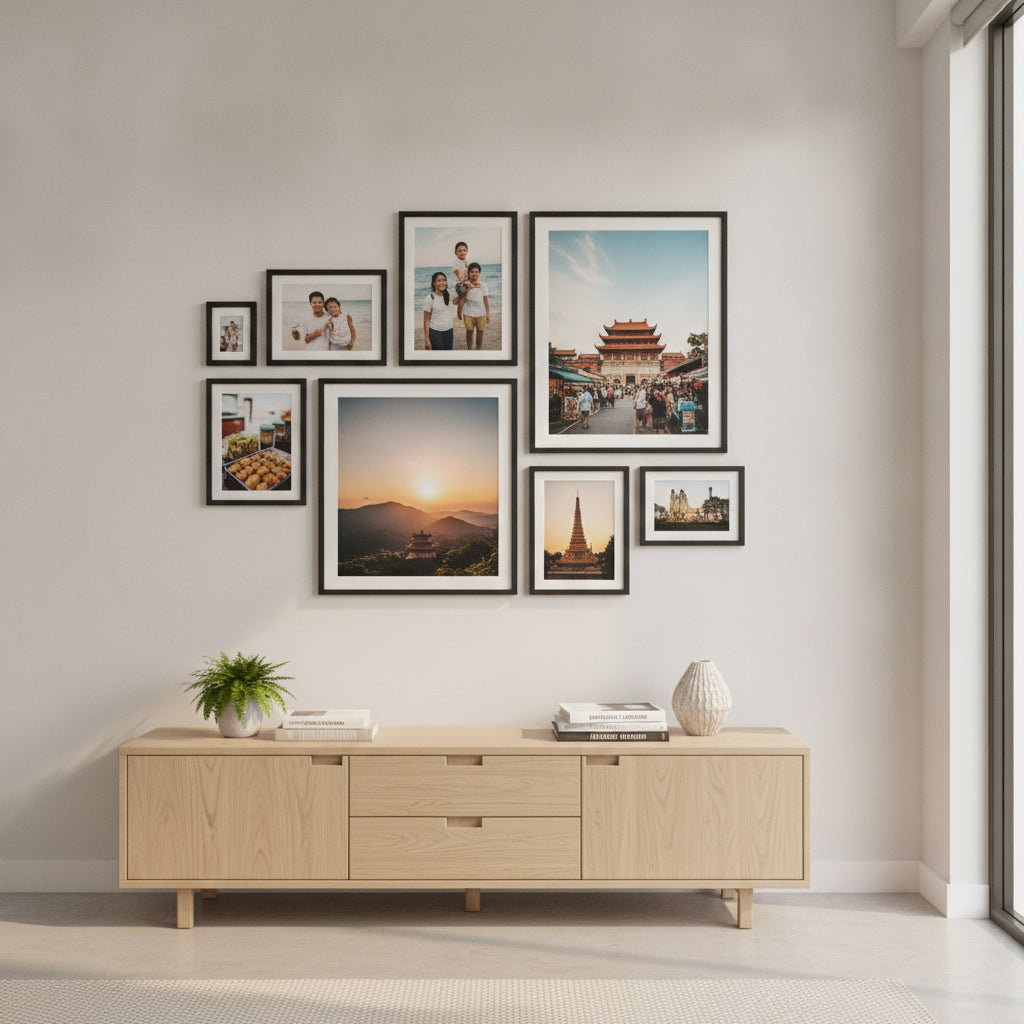 Gallery wall of IKEA-style frames with photo prints in a Singapore living room