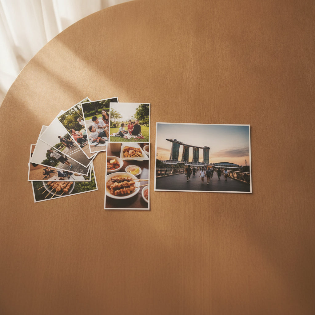 Freshly printed photos spread on a wooden table