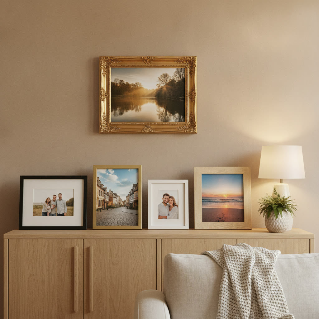 Framed photo prints in black, gold, white and wooden frames styled in a living room