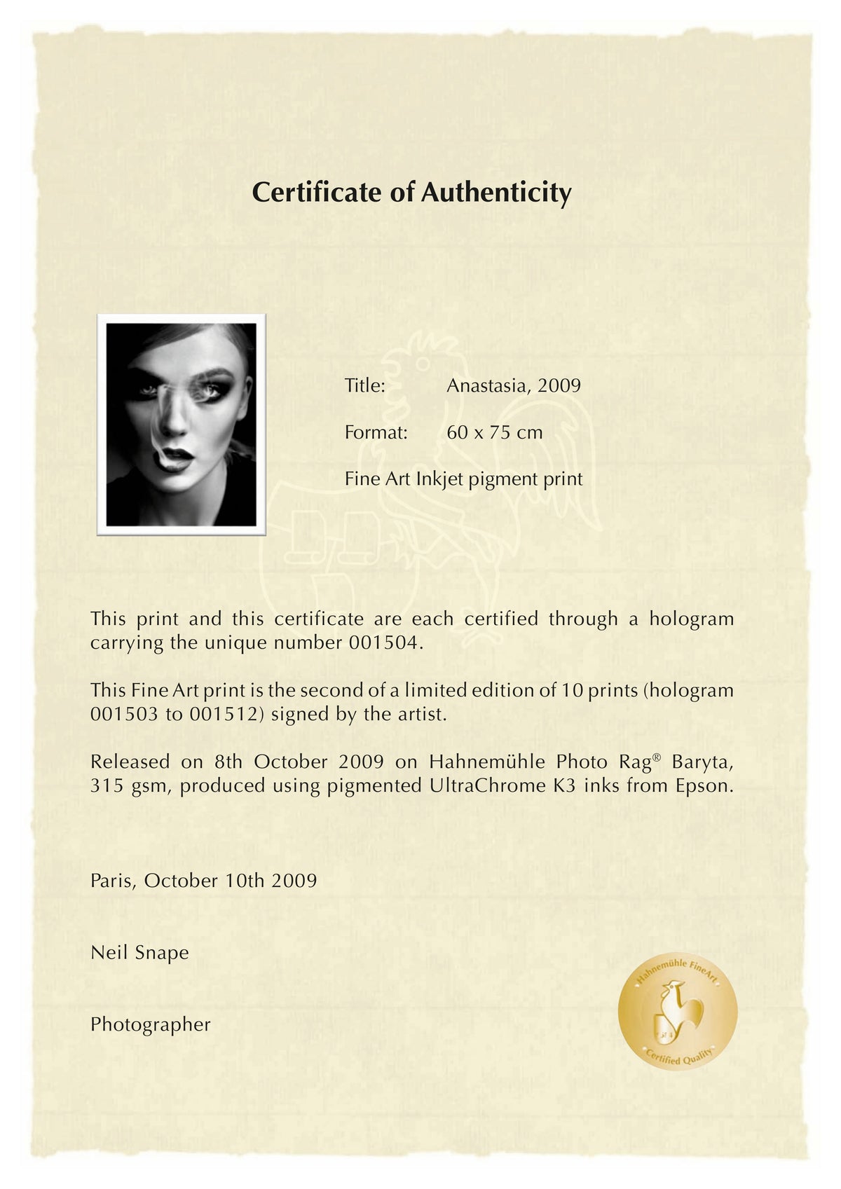 Hahnemühle Certificate of Authenticity, filled-in example from the Hahnemühle wording template