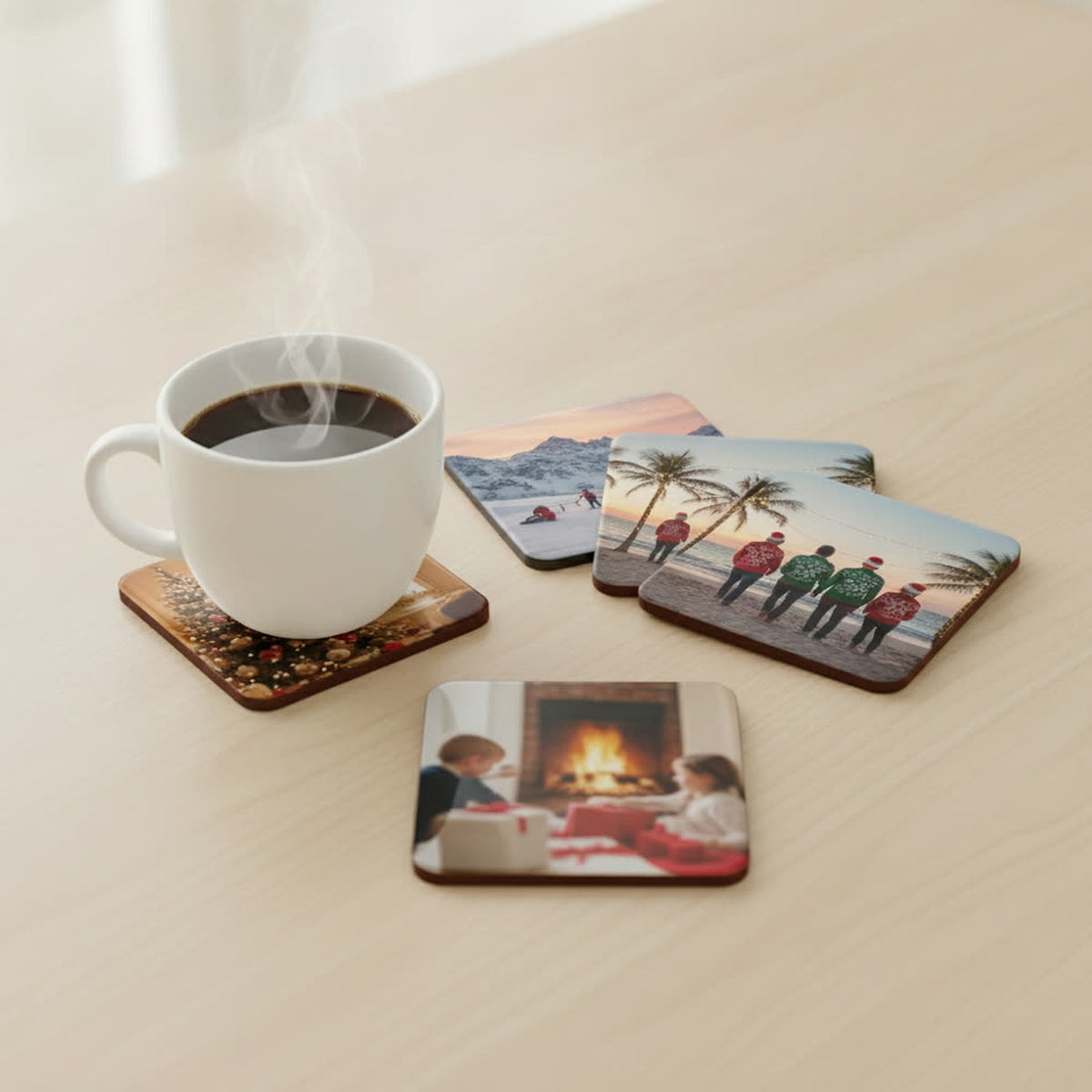 Set of four square photo coasters on a table with a coffee cup