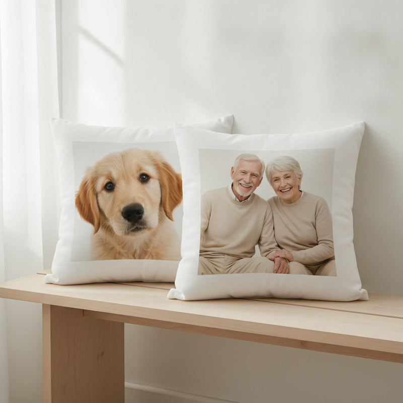 Two square photo cushions with 20 cm photo prints, a puppy and a couple, as on a double-sided cushion