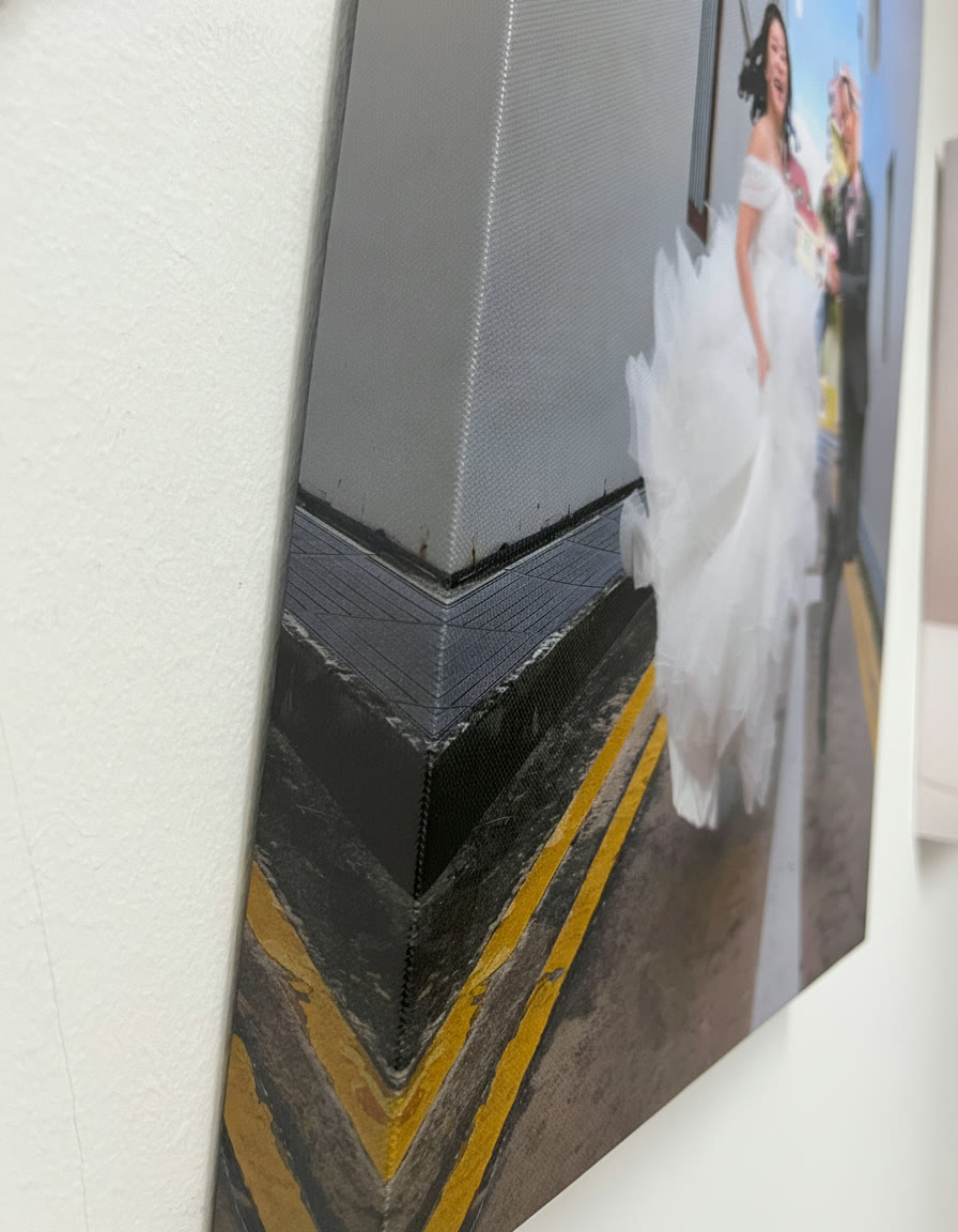 Close-up of the mirror-wrapped corner of a KT Colour canvas print