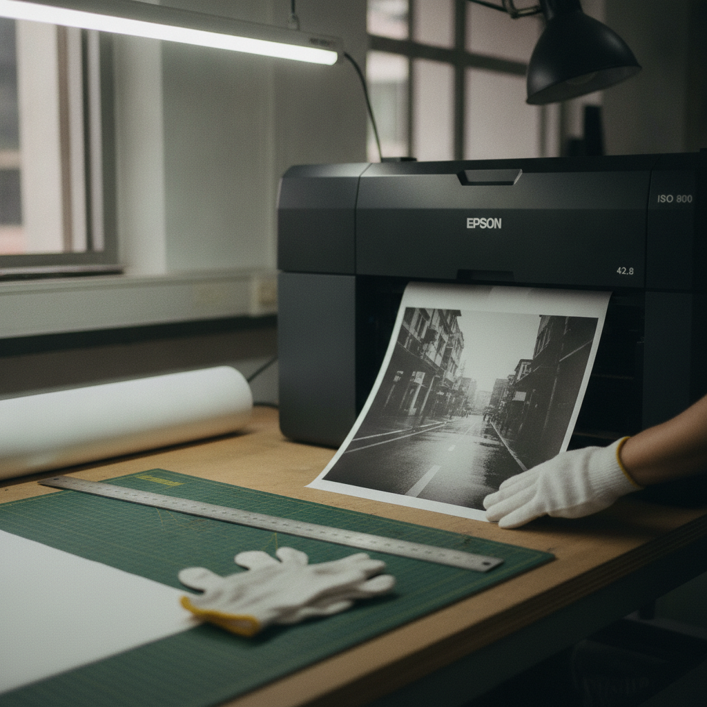 Photographic giclée print on Hahnemühle FineArt Pearl 285 coming off the Epson printer