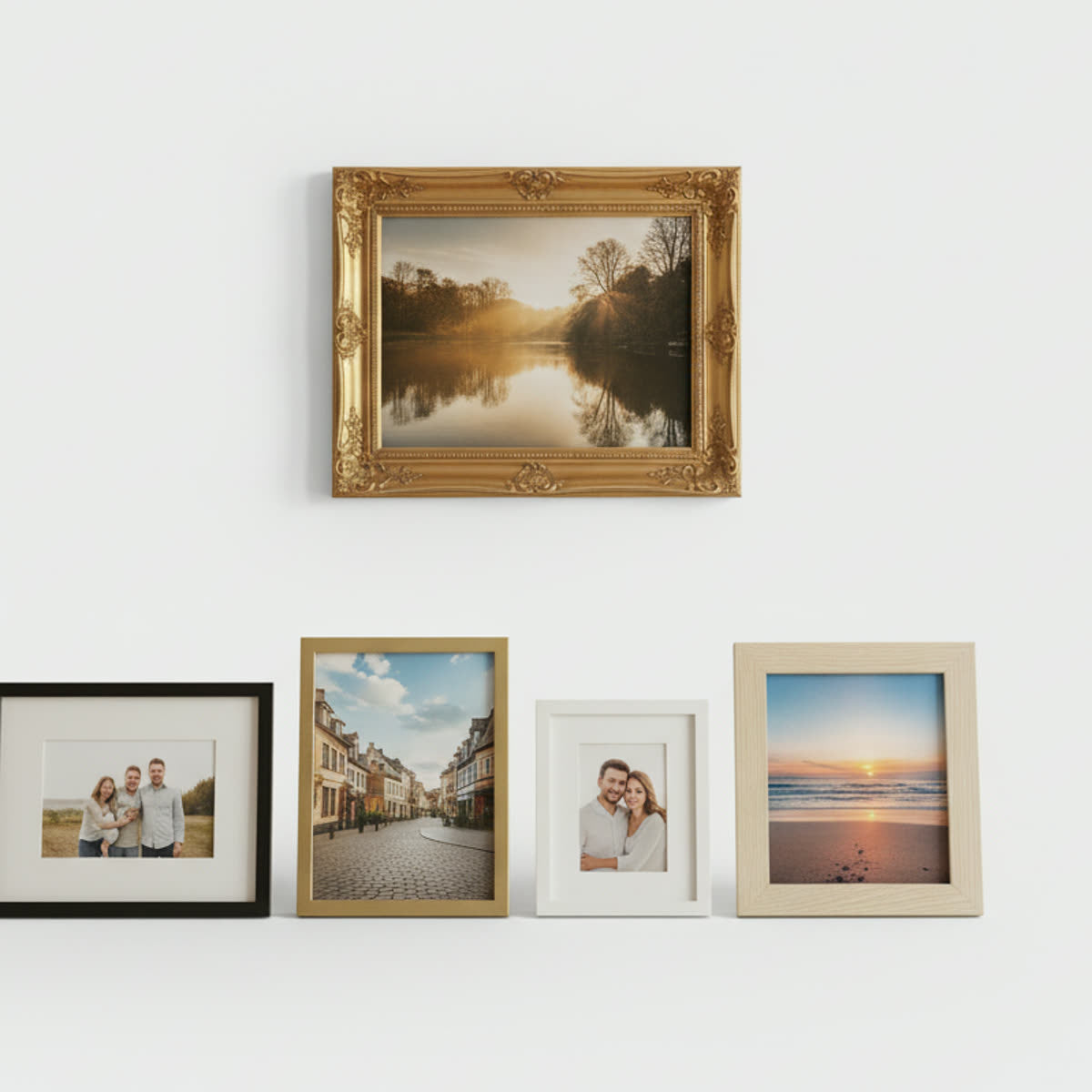 Framed prints in black, gold, white and oak wooden frames