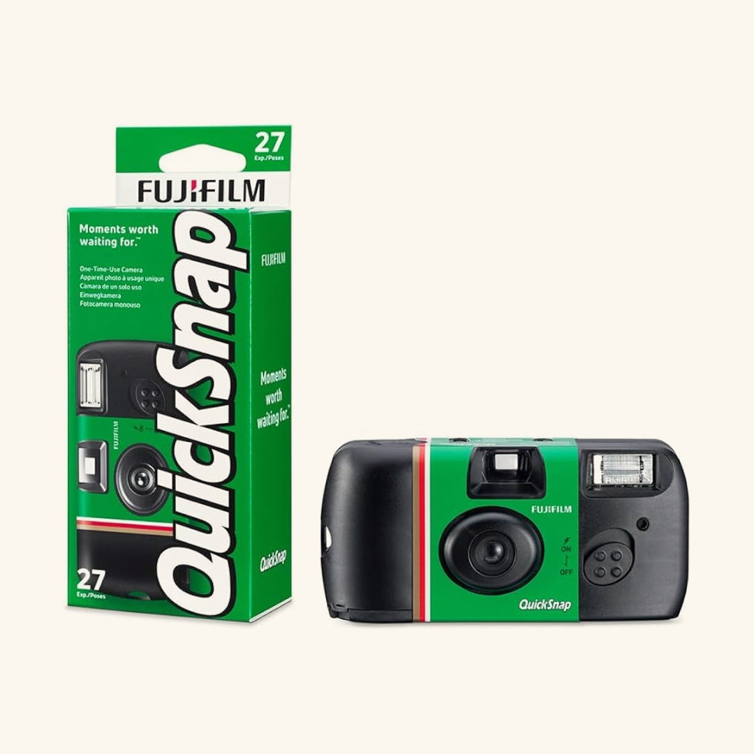 Fujifilm QuickSnap Flash 400 disposable camera box and camera, 27 exposures, ISO 400 film with built-in flash