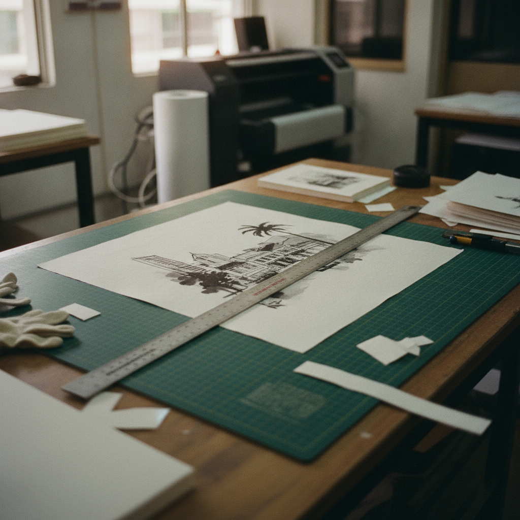 Giclée print on Hahnemühle German Etching 310 being trimmed on the workbench