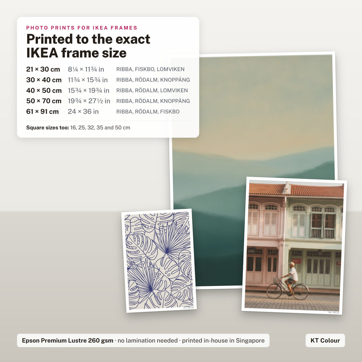 IKEA-size photo prints: 21x30, 30x40, 40x50, 50x70 and 61x91 cm posters printed to the exact IKEA frame size on Epson Premium Lustre paper
