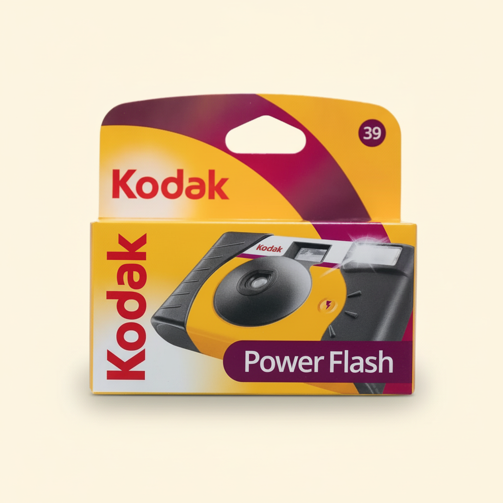 Kodak Power Flash disposable camera box, 39 exposures, ISO 800 film with built-in flash