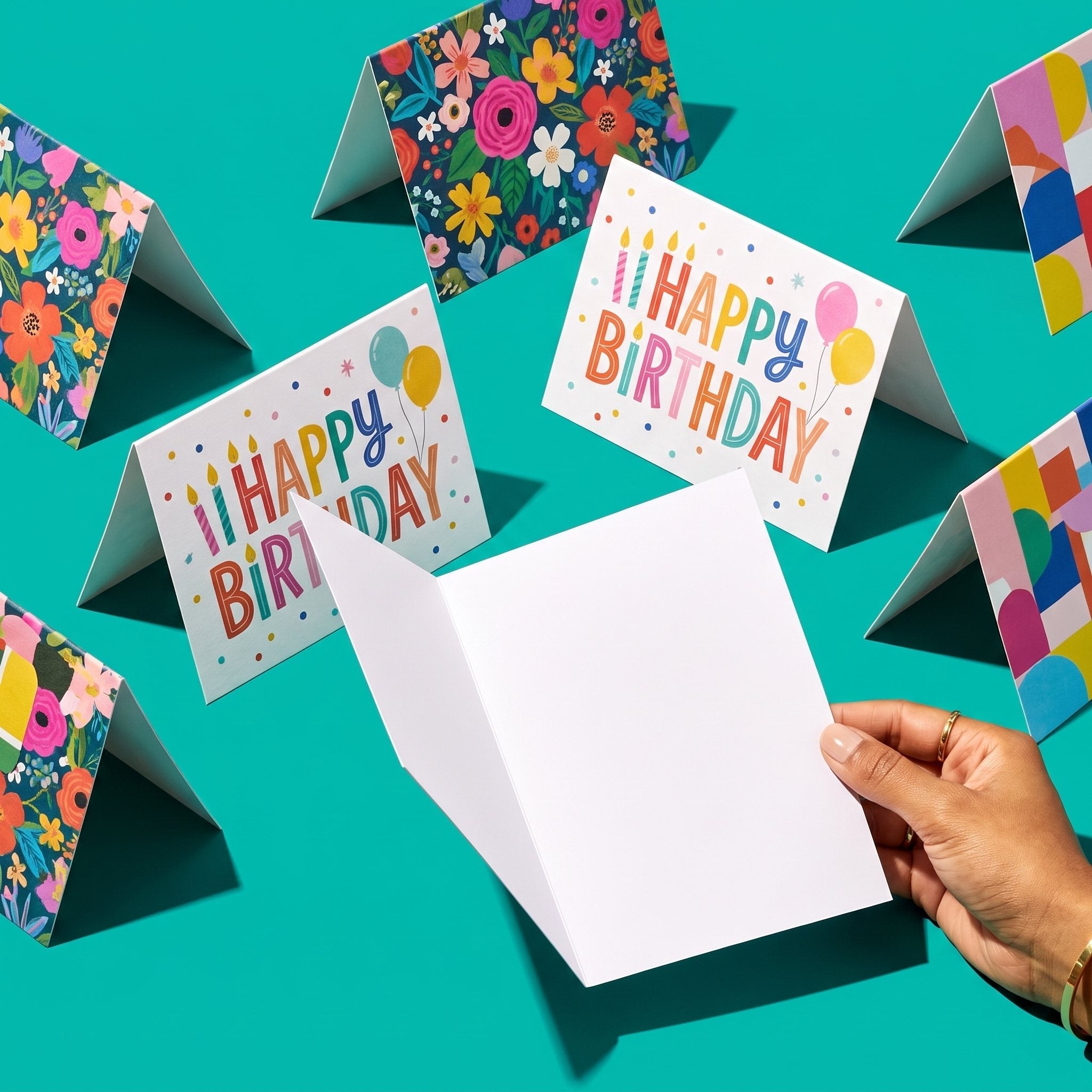 Folded customised cards, single sided print with plain white interior