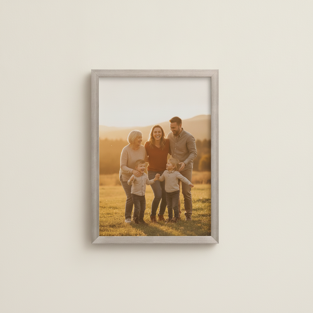 Silver Wooden Framed Print A3 hanging on a wall with a family photo