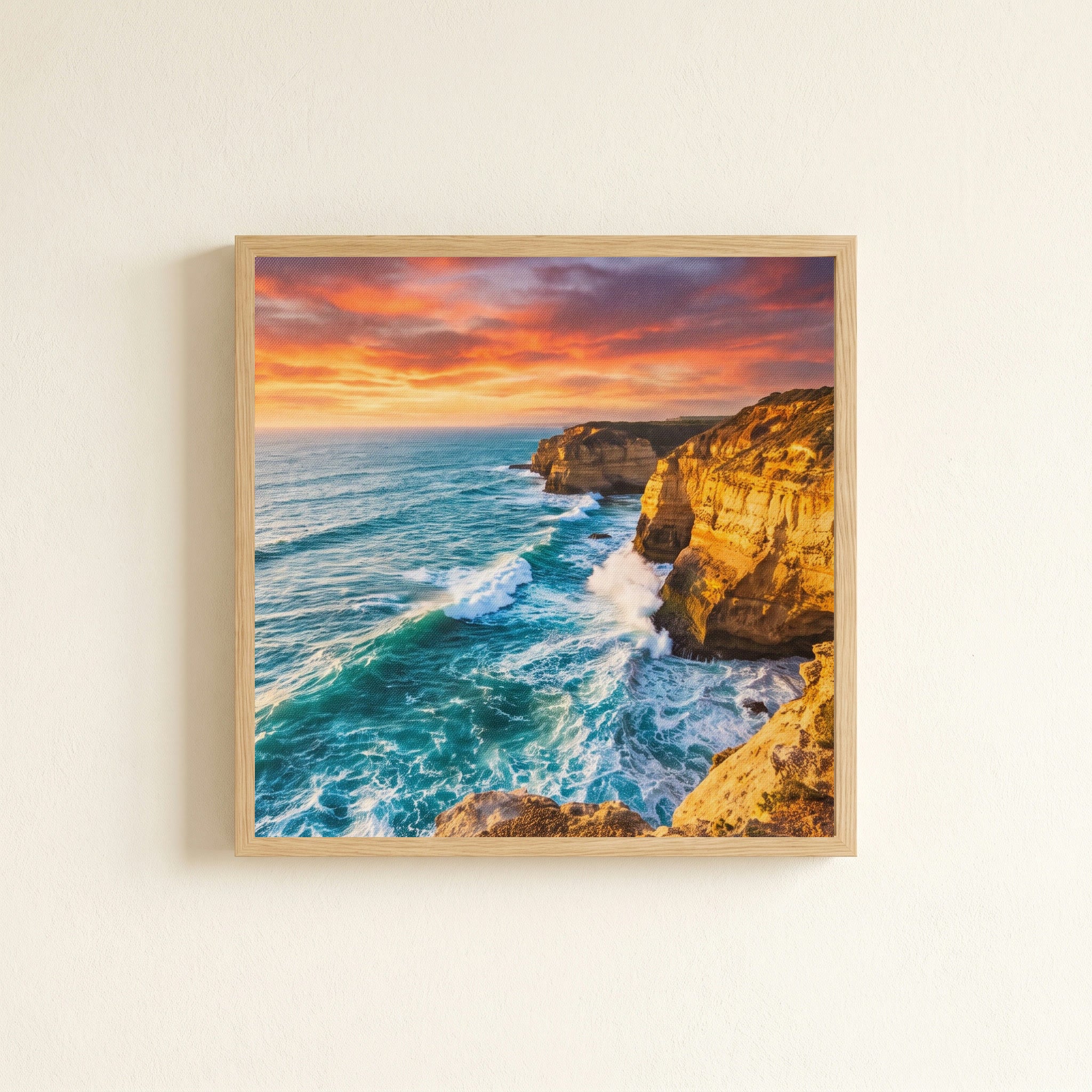 Medium framed canvas — coastal sunset print flush in light oak frame