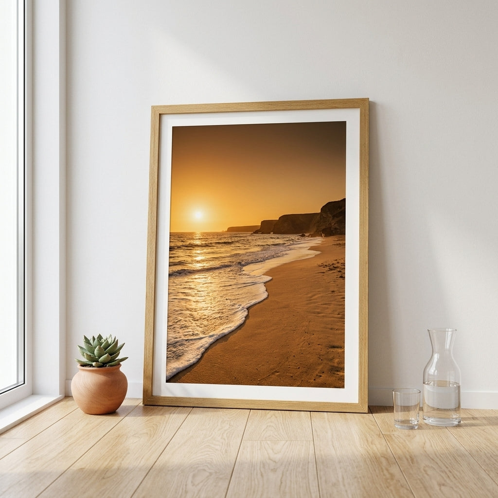 Medium framed poster in a slim oak wood frame leaning against a wall