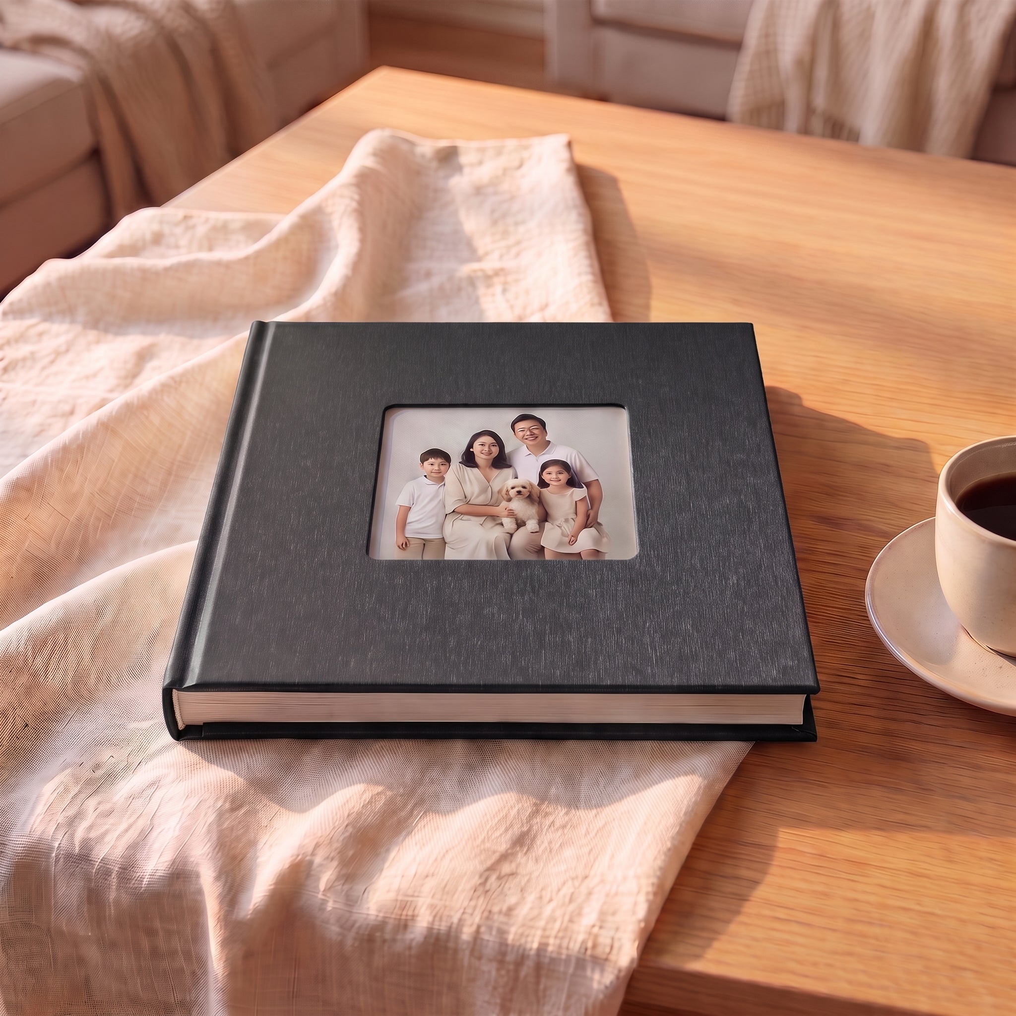 Lay-flat photo book with charcoal black vinyl cover