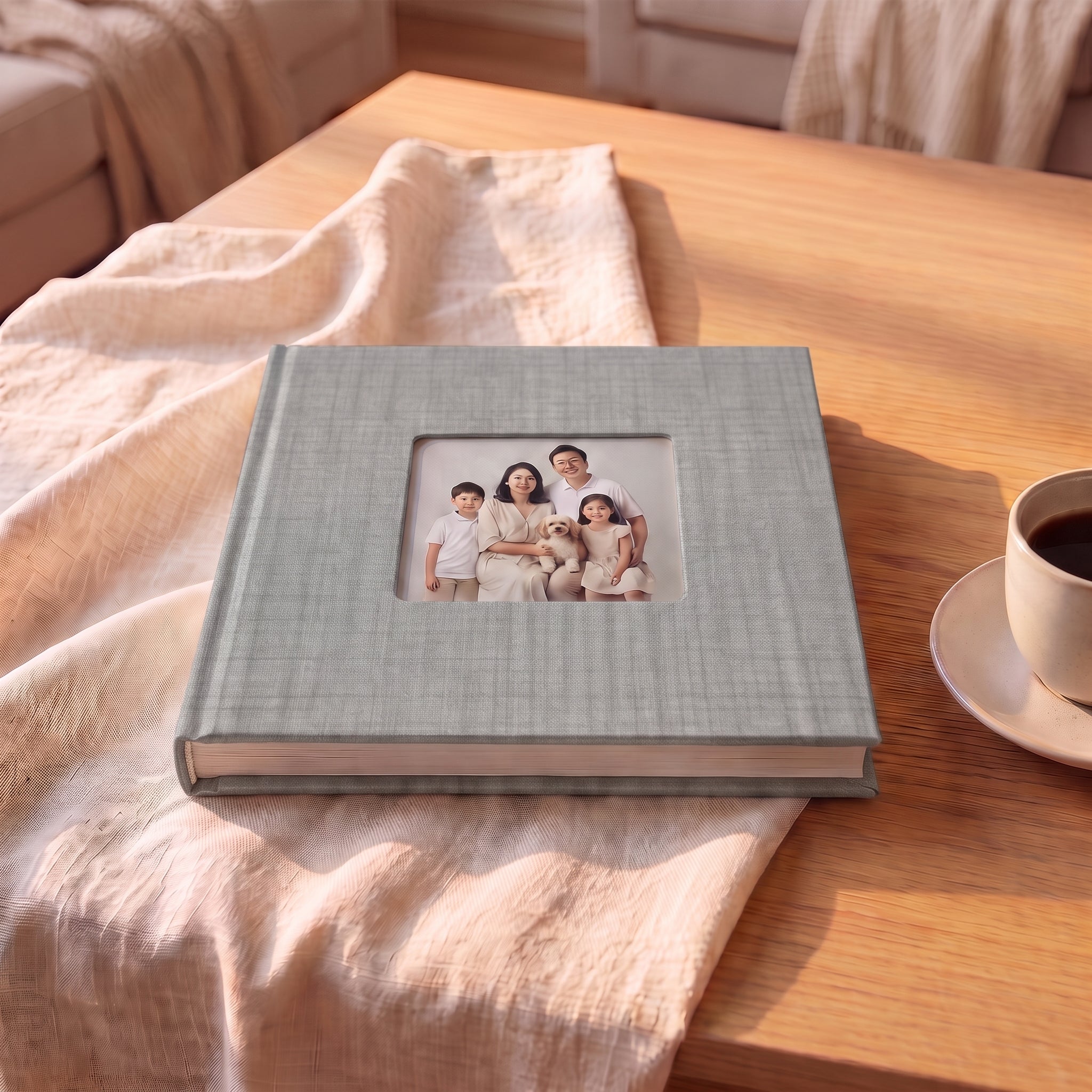 Lay-flat photo book with dove grey fine linen cover