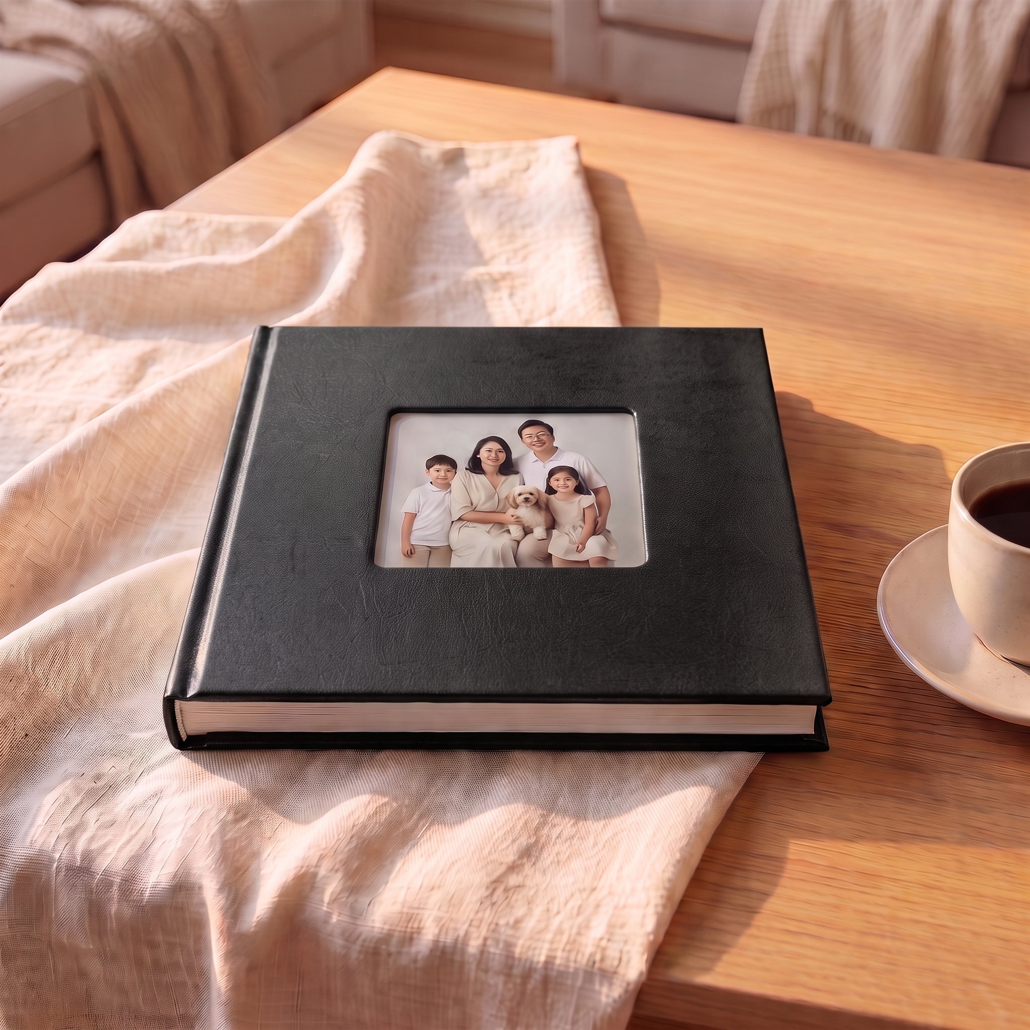 Lay-flat photo book with ebony black leather cover