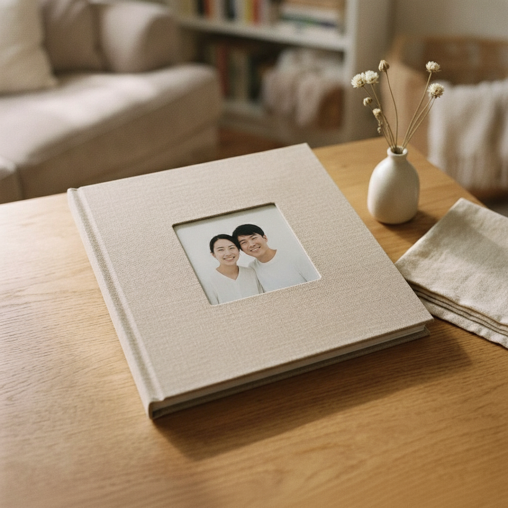 Natural linen fabric hardcover photobook with cover photo window