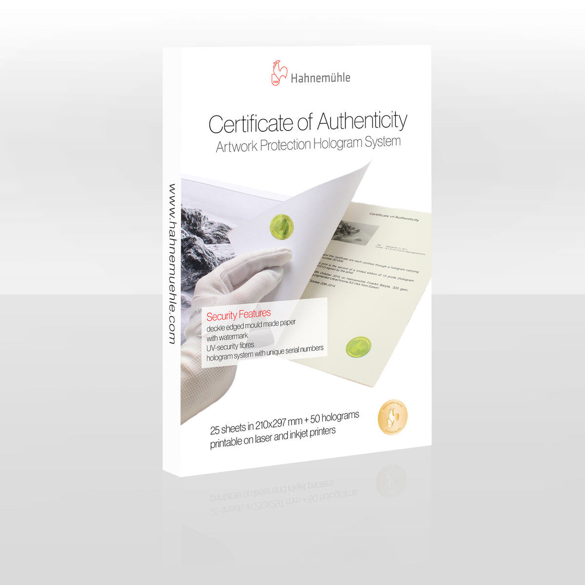 Hahnemühle Certificate of Authenticity pack: 25 A4 certificates and 50 numbered holograms, product image from Hahnemühle
