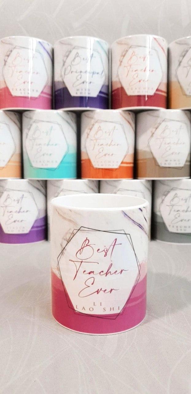 Set of Best Teacher Ever photo mugs printed with each teacher's name