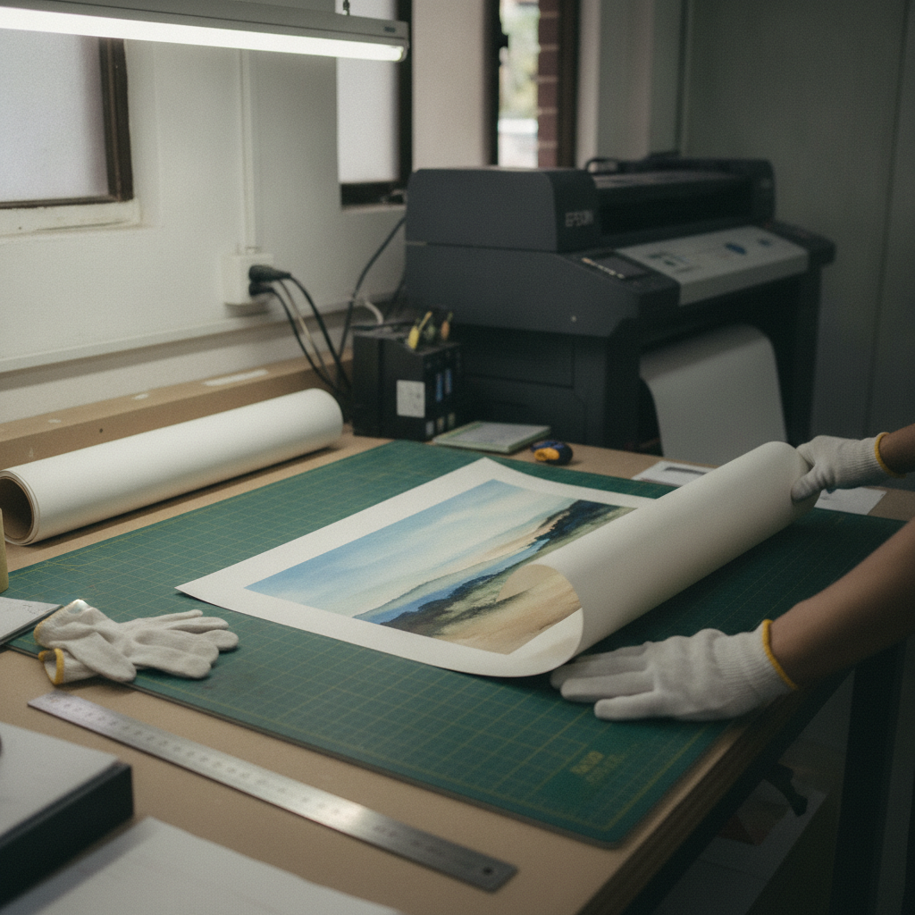 Giclée print on Hahnemühle Photo Rag 308 being handled on the KT Colour workbench