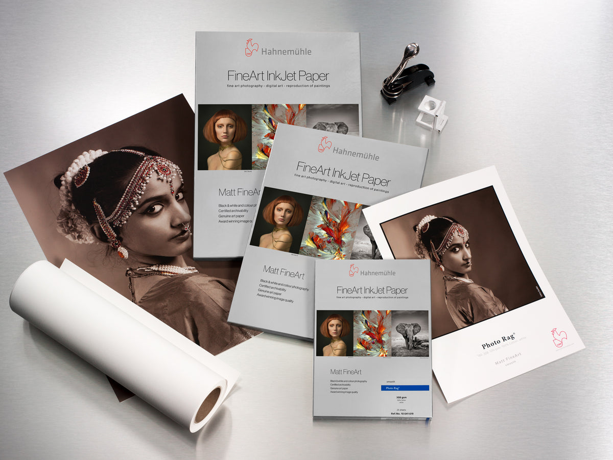 Hahnemühle Photo Rag 308 prints with the paper roll and box, image from Hahnemühle