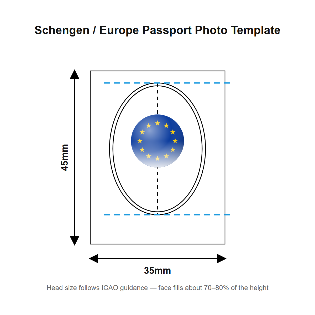 Schengen / Europe passport photo template — 35 × 45 mm