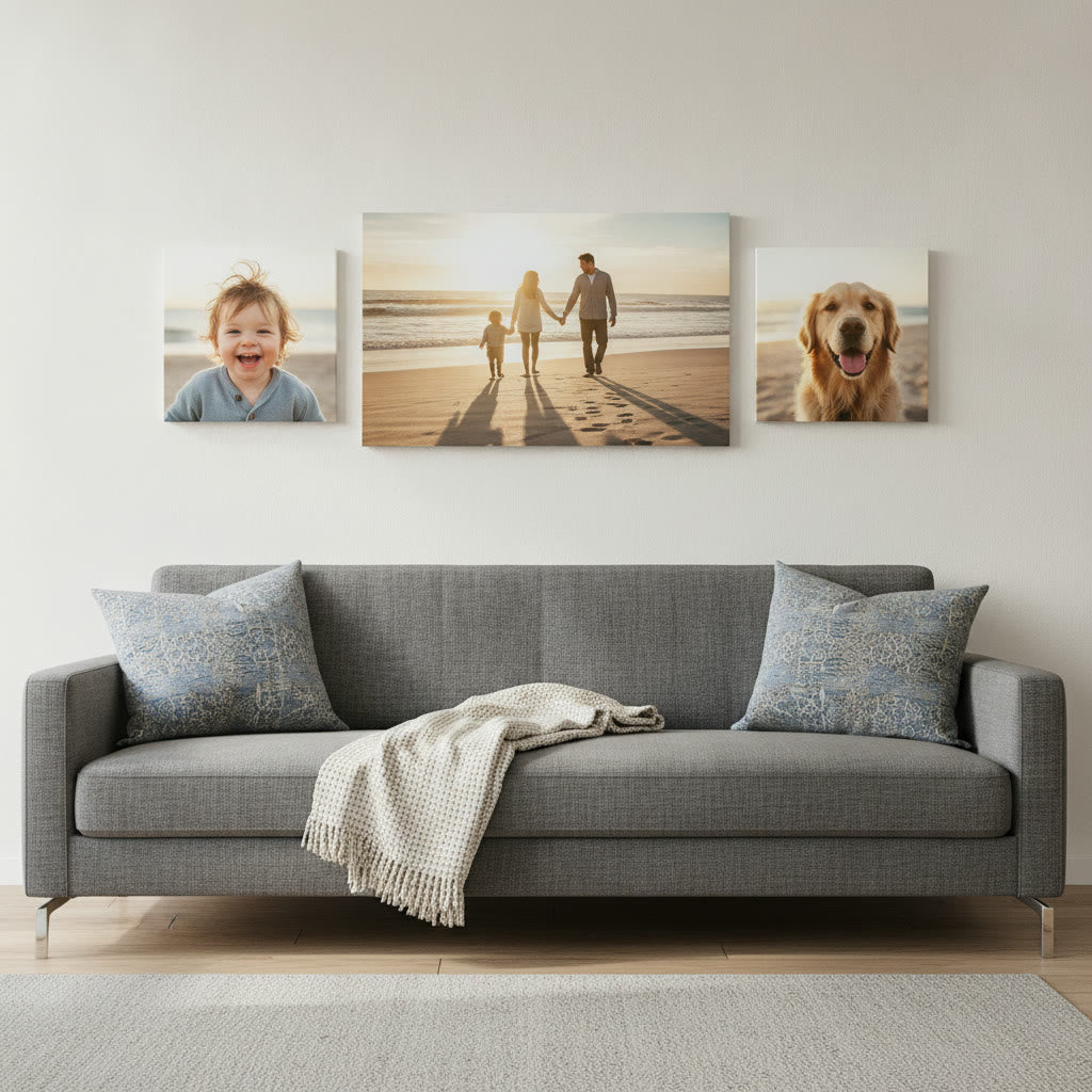 Three wrapped photo canvases in a row above a grey sofa
