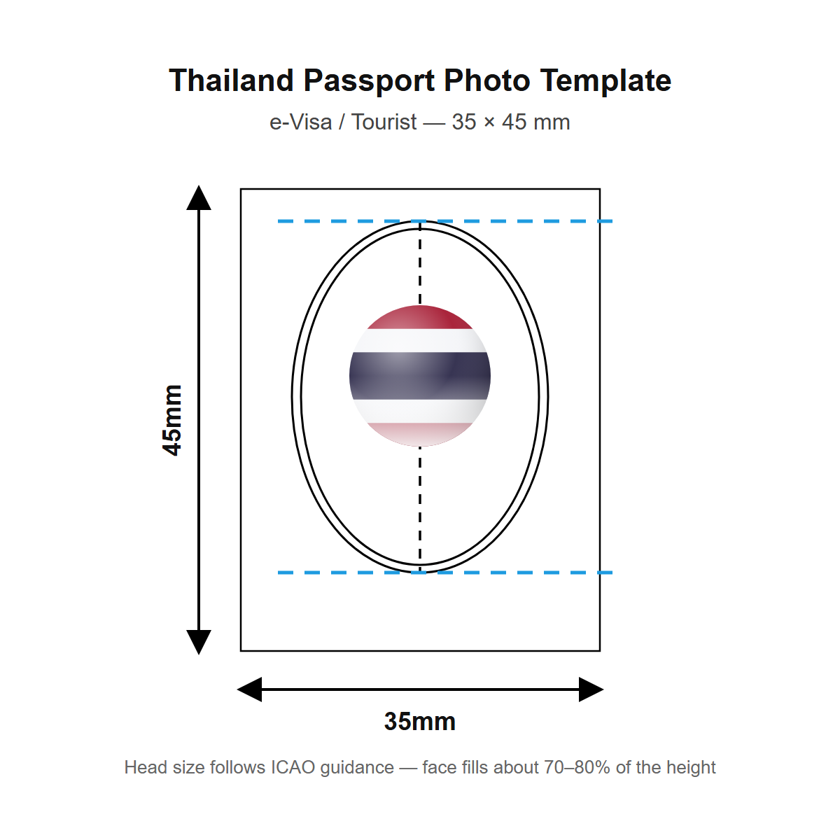 Thailand passport photo template — 35 × 45 mm (e-Visa / Tourist)