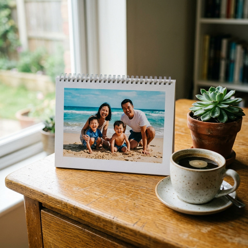 Printed desk calendar on a wooden desk