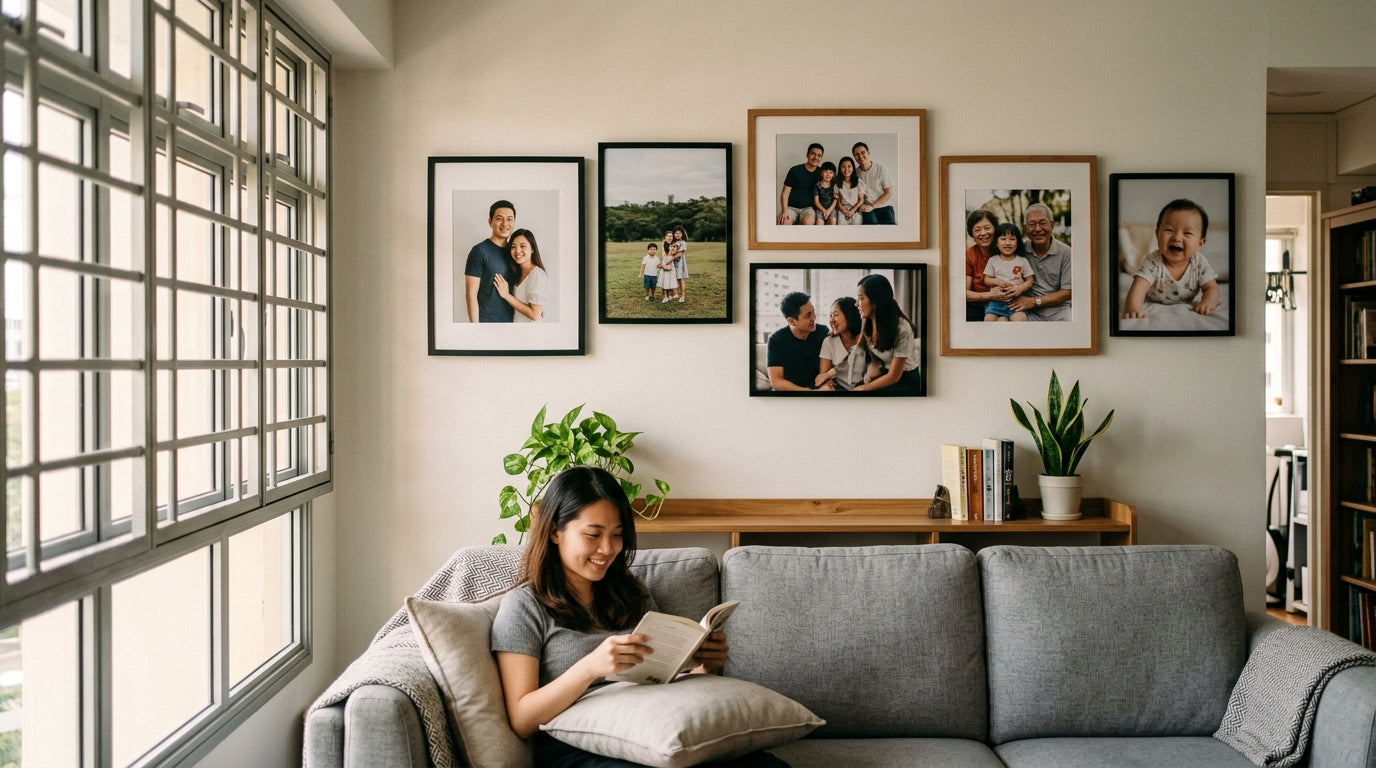Gallery wall of framed photo prints above a sofa in a Singapore living room