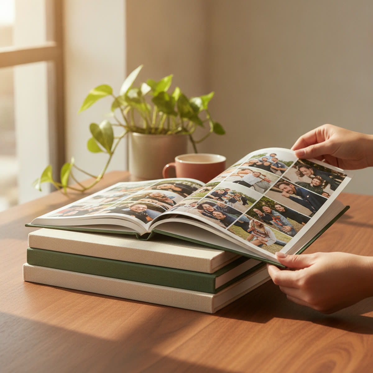 A stack of hardcover photobooks, the top one open to a spread of team event photos
