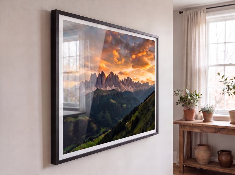Framed print with clear acrylic glazing, showing a window reflection across the surface