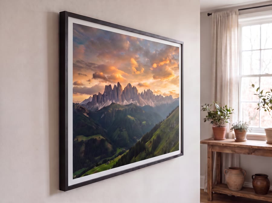 The same framed print with non-glare acrylic glazing, with no reflection and a soft matte finish